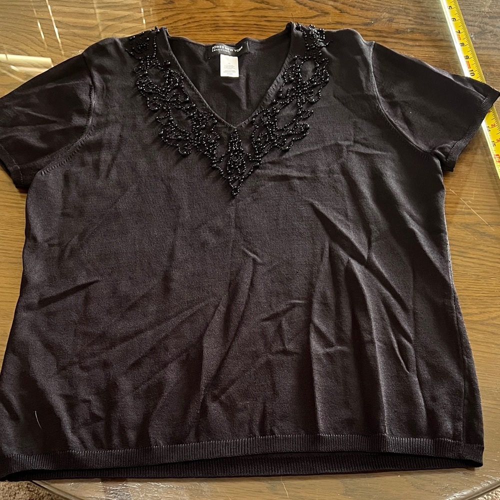 Jones New York Black Short Sleeve top with Beaded Neckline